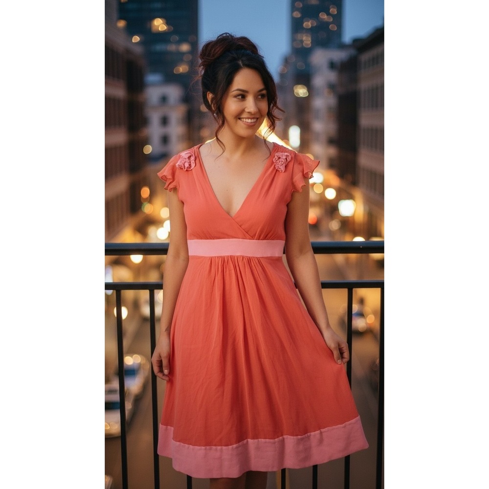 Betsey Johnson Red Pink Rosette Flutter Sleeve Fit & Flare Dress V-Neck Tie Back